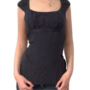 Hollister Satin Tie Navy Blue Babydoll Top with White Polka Dots